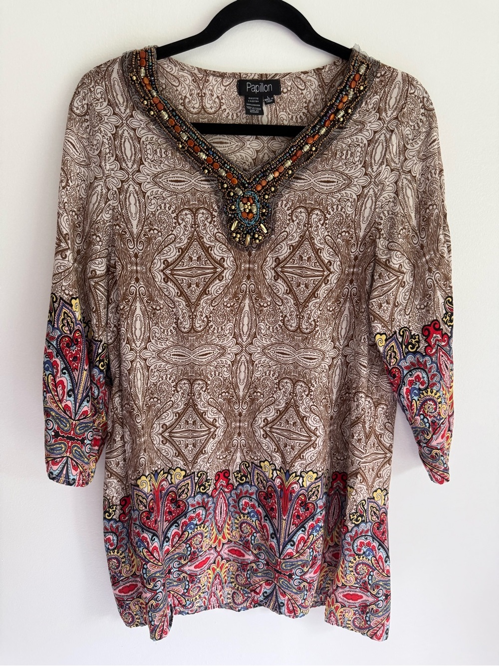 Papillon Brown Women L Paisley Tunic with Multicolor Border & Beaded V-Neck